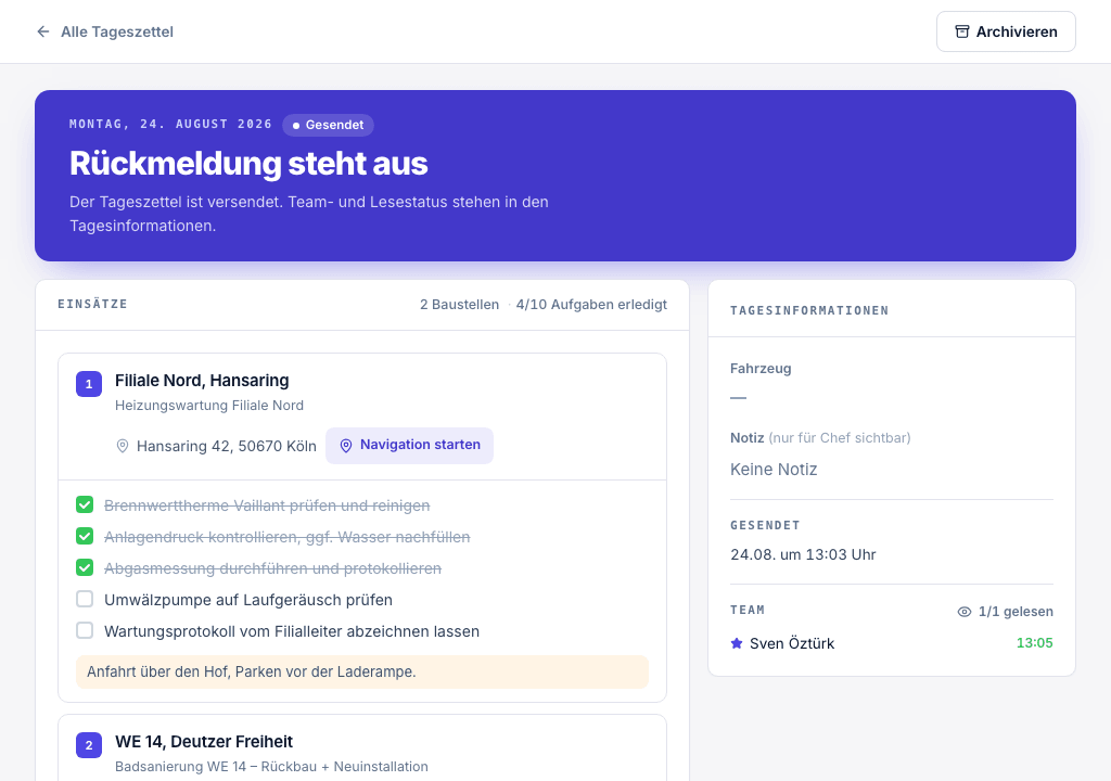 Tageszettel in TrueFlow: zwei Baustellen, vier von zehn Aufgaben erledigt, daneben Fahrzeug, Notiz und Lesestatus des Teams.